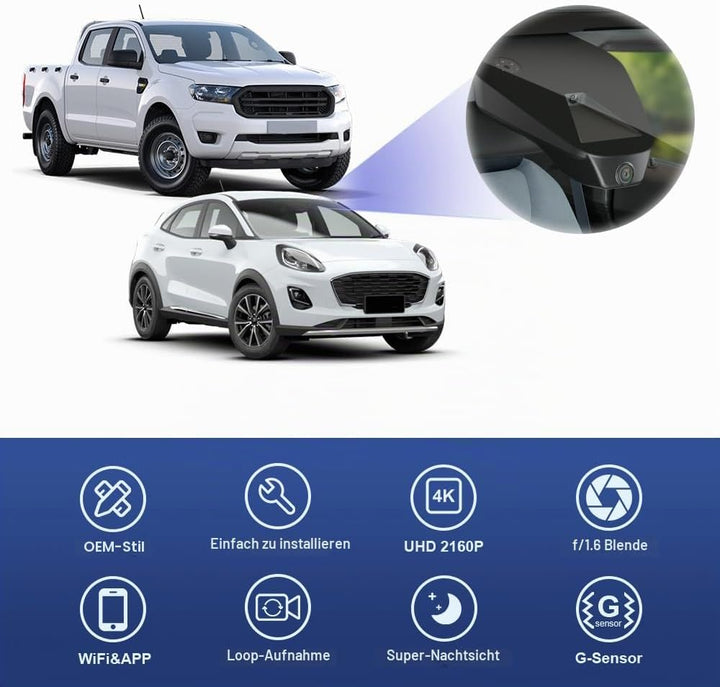 Fitcamx Dashcam 4K kompatibel mit Ford Ranger 2019 2020 2021 2022 und Puma 2020-2023, integrierter O