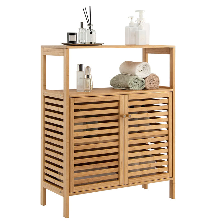 COSTWAY Badezimmerschrank Bambus, Badschrank mit 2 Lamellentüren, Schrank multifunktional für Badezi