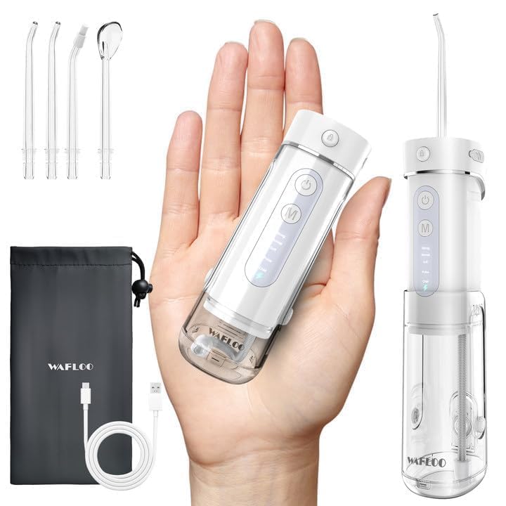 Munddusche Kabellos für Reise, Tragbarer Oral Irrigator mit Teleskop-Wassertank, 5 Reinigungsmodi, 4