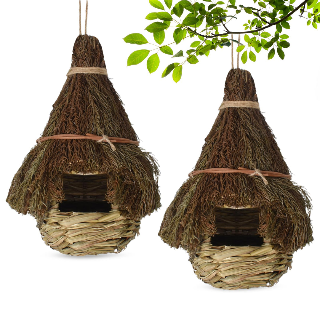 2 Stück Handgewebte Gras Vogelnester, Hängendes Vogelhaus, Vogelnest Hausgarten, Nisttaschen für Vög
