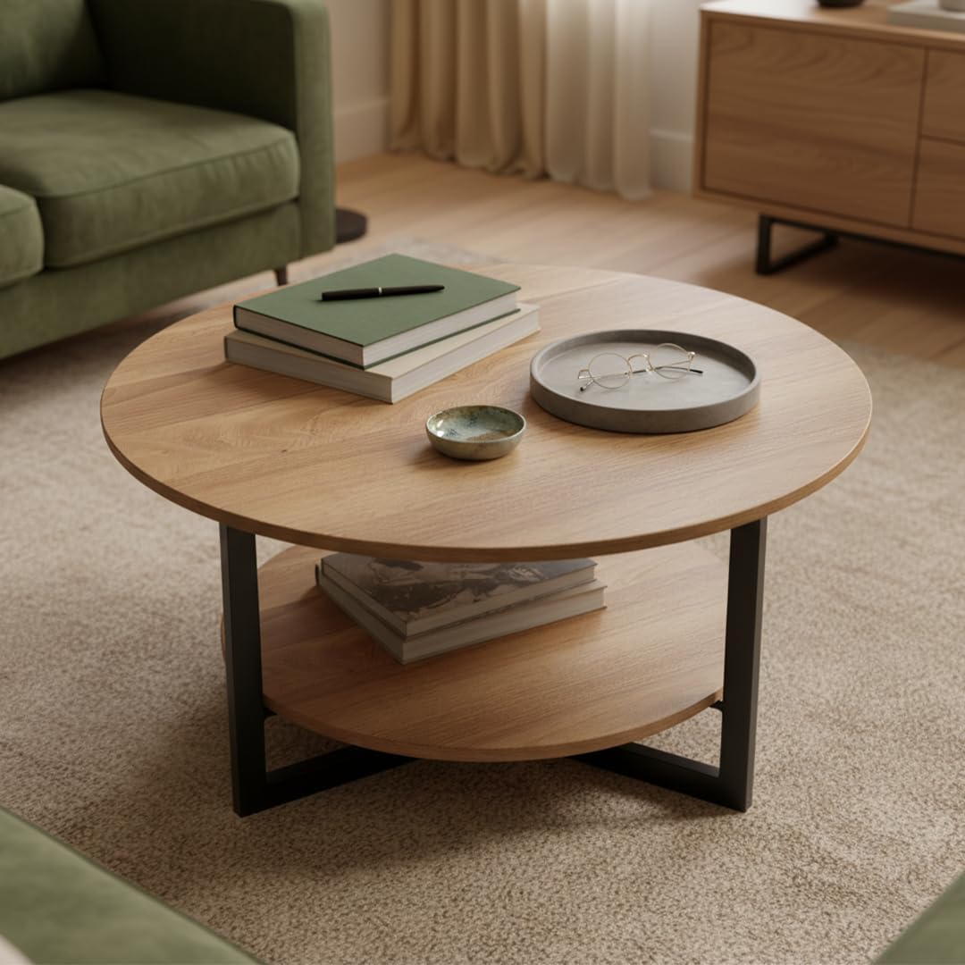 skølm Drakkar Couchtisch rund Ø70 cm – Wohnzimmertisch aus Massivholz Eiche & Metallgestell – Sofati