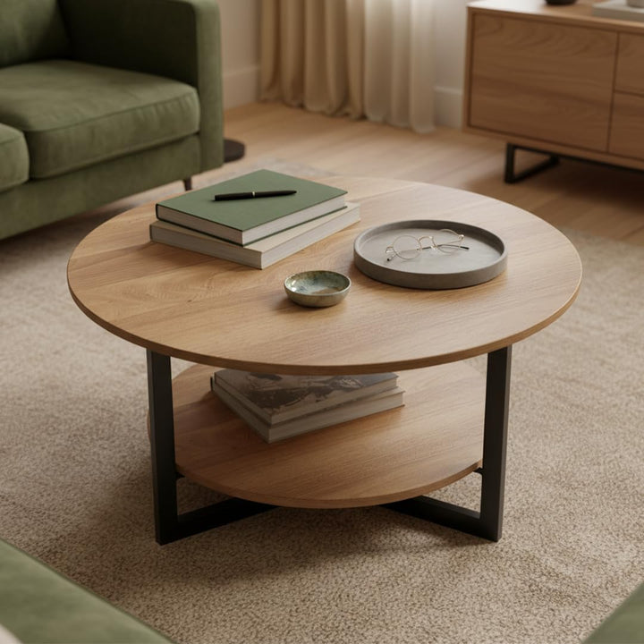 skølm Drakkar Couchtisch rund Ø70 cm – Wohnzimmertisch aus Massivholz Eiche & Metallgestell – Sofati