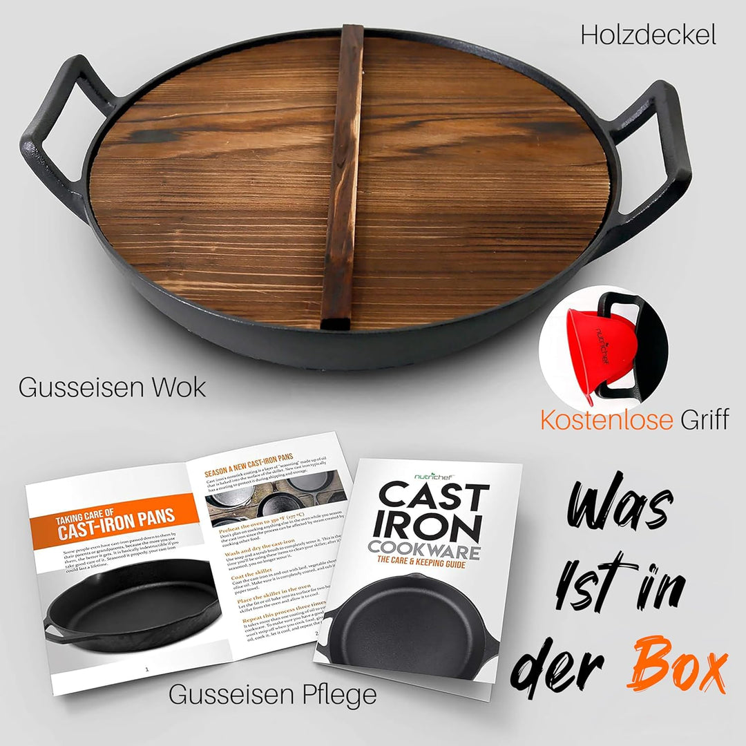 NutriChef Wokpfanne- Ø 30cm, Vorgewürztes- Wok Induktion- mit Holzdeckel | Gusseisenpfanne, Ideal zu