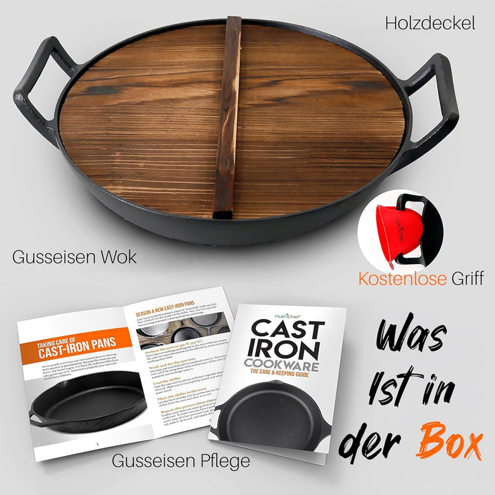 NutriChef Wokpfanne- Ø 30cm, Vorgewürztes- Wok Induktion- mit Holzdeckel | Gusseisenpfanne, Ideal zu