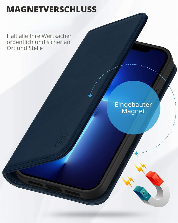 SHIELDON Hülle für iPhone 13 Pro Max, Schuzhülle [Echtleder] [Kartenfach] [Verdichtes TPU] Magnetisc