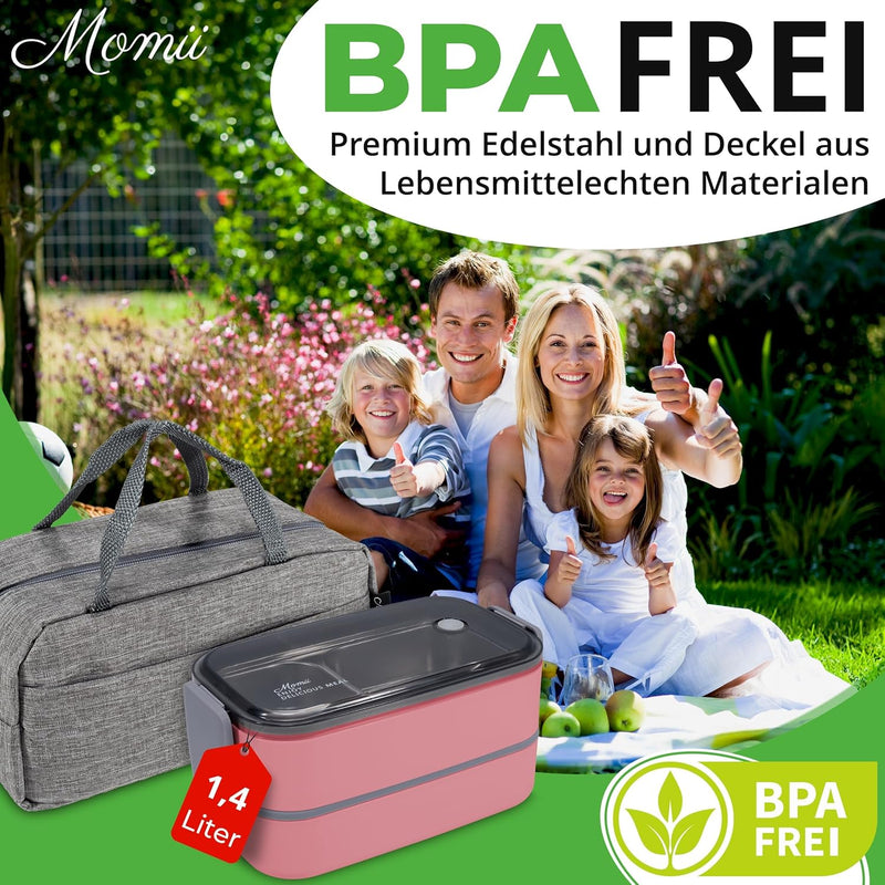 Premium Lunchbox Erwachsene und Kinder inkl. Tragetasche und Besteck Bento box Edelstahl Brotdose Ki