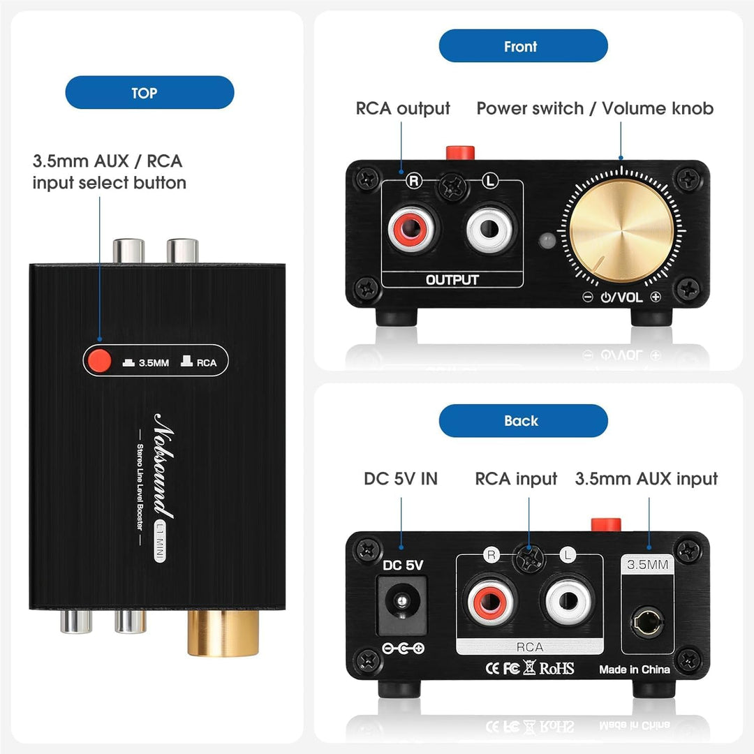 Nobsound Mini Stereo Line Level Booster Verstärker Audio Vorverstärker 20dB Verstärkung + Lautstärke