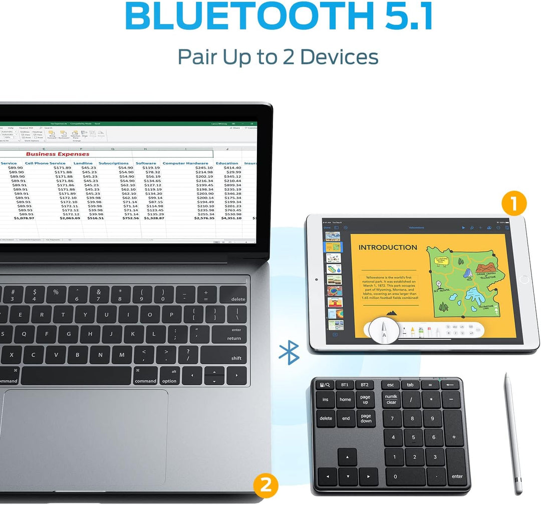 iClever Nummernblock, kabelloser Aluminium-Nummernblock für mehrere Geräte, USB-C wiederaufladbar, e