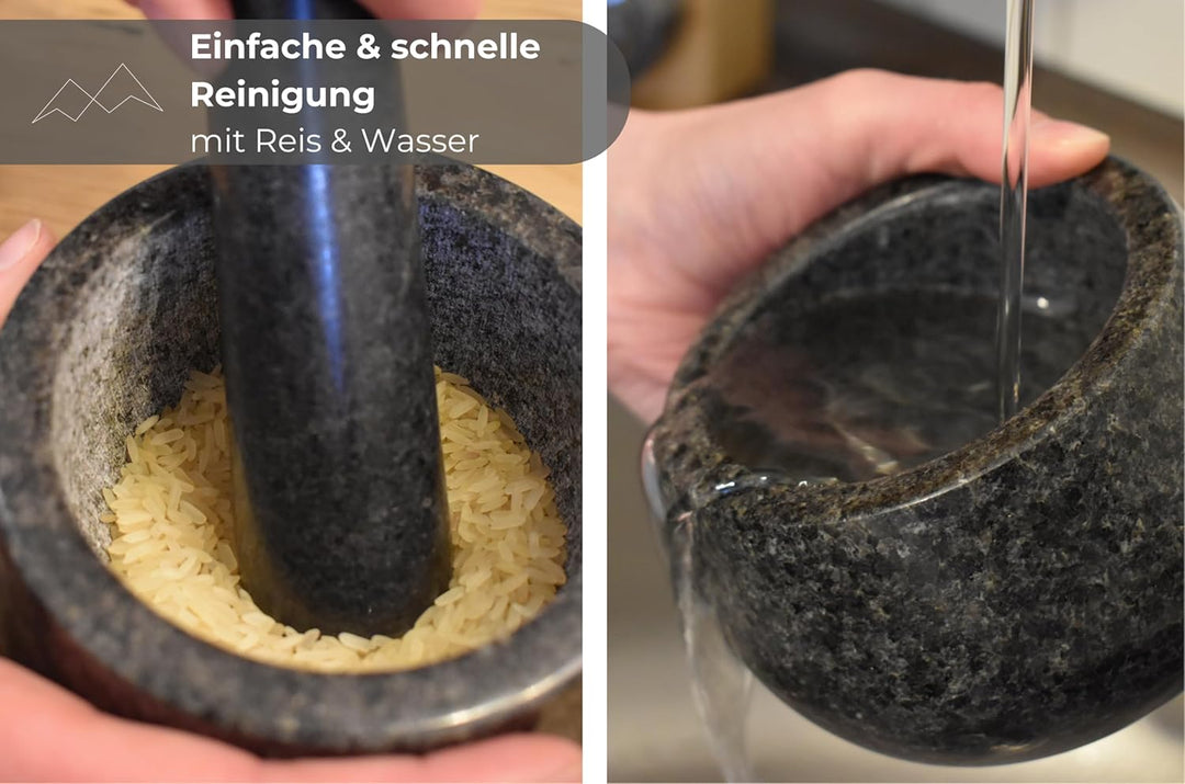 BERGART Mörser mit Stössel – Edler Mörser aus hochwertigem Granit mit extra langem Stössel und stabi