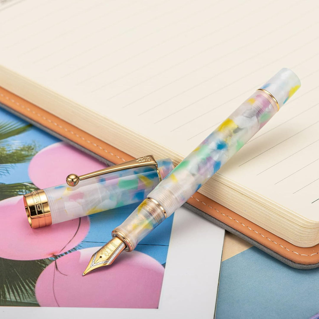 Jinhao 100 Classic Füllfederhalter Regenbogen Marmor Zelluloid, Mittlere Feder mit Konverter und Sti