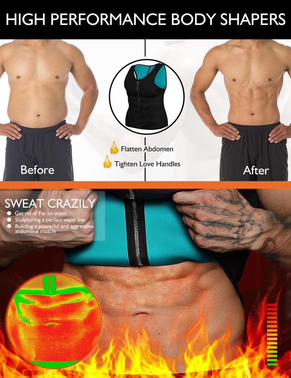 Sportliche Saunaweste für Herren, Fitness-Top, Kompression, Schweissabnahme, aus Neopren, mit Reissv