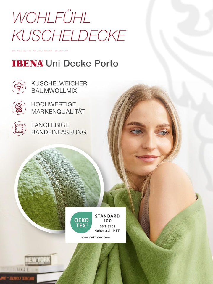 Ibena Porto Decke 150x200 cm – Baumwollmix weich, warm &amp; waschbar, Kuscheldecke grün einfarbig 150 x