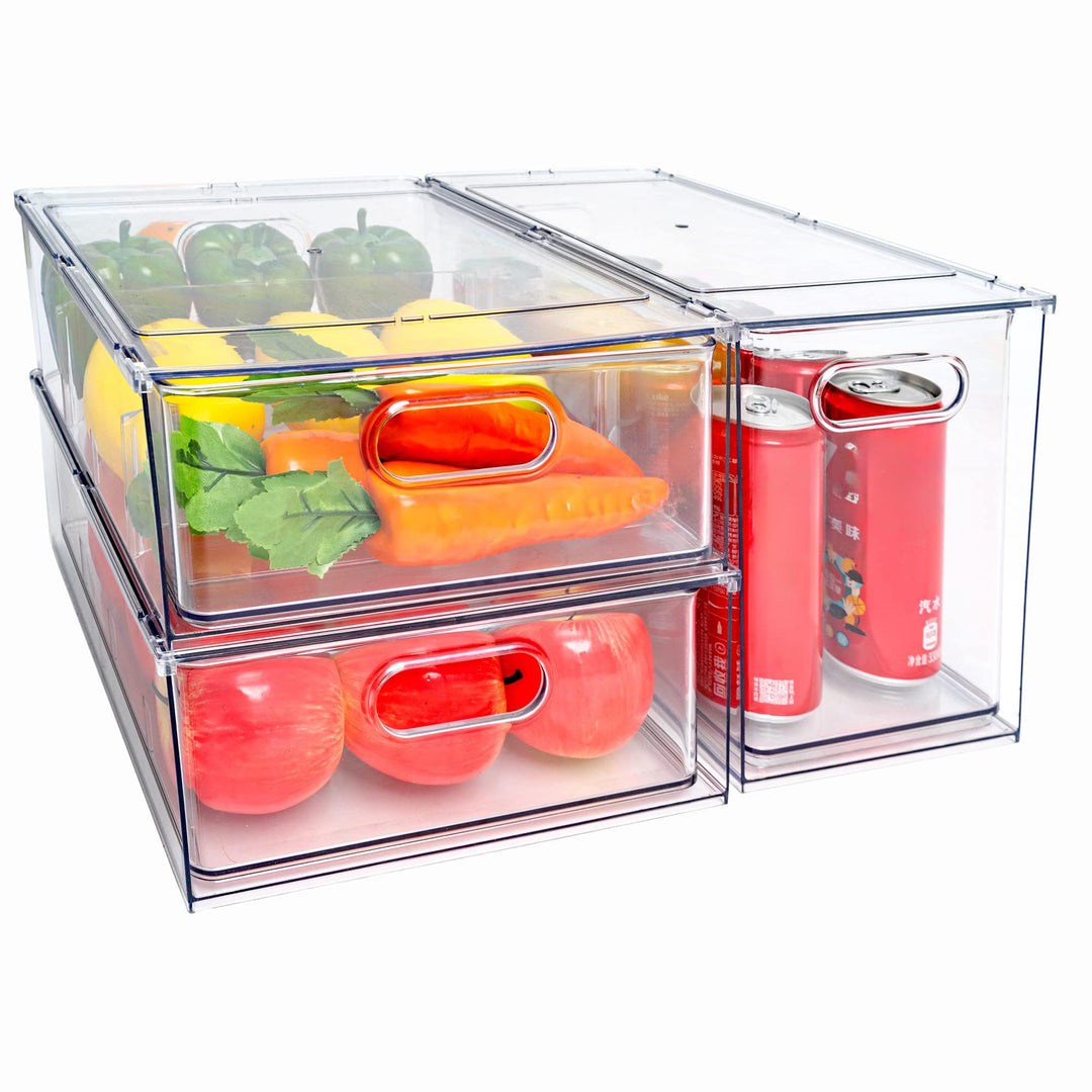 MineSign Stapelbare Kühlschrank-Schubladen-Ausziehbehälter mit Griffen, 3 Stück, gross, transparent,