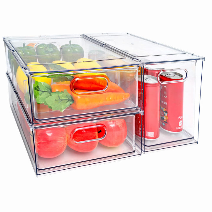 MineSign Stapelbare Kühlschrank-Schubladen-Ausziehbehälter mit Griffen, 3 Stück, gross, transparent,
