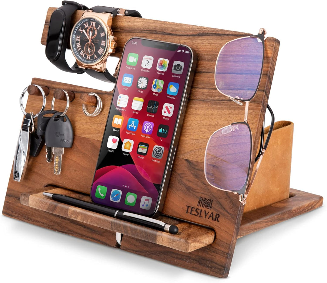Holz Telefon Dockingstation Nussbaum mit Schlüsselanhänger Geldbörsenständer & Uhren Organisator Her