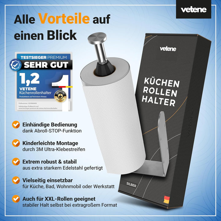 vetene® Premium Küchenrollenhalter ohne Bohren [Zum Einhändig Abreissen] – Edelstahl Silber – mit Ab