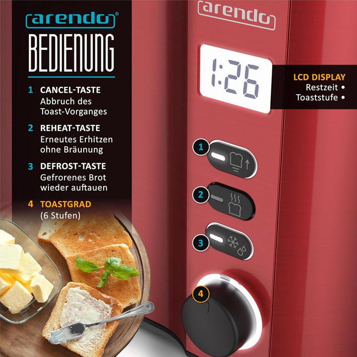 Arendo - Toaster Edelstahl Langschlitz 4 Scheiben - Doppelwandgehäuse - Integrierter Brötchenhalter