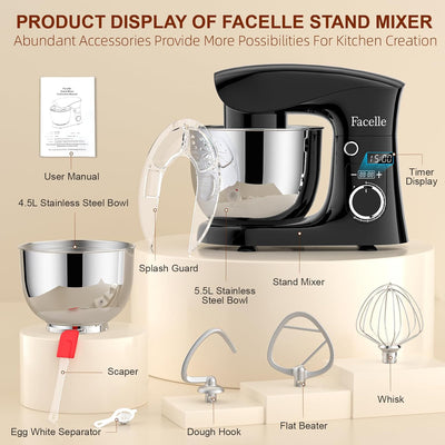 Küchenmaschine Knetmaschine 1500W | Facelle 5,5L &4,5L Teigmaschine Rührmaschine | Geräuscharm| 10+P