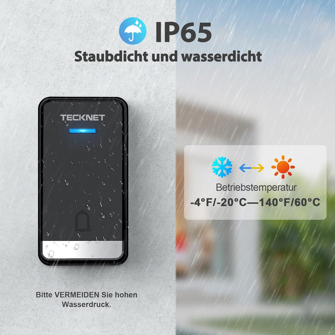 TECKNET Funkklingel Batterielose, Funkklingel mit Steckdose, Funk Türklingel mit 2 Sender, IP65 Funk