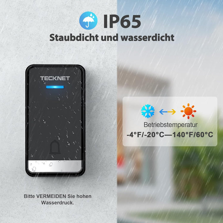 TECKNET Funkklingel Batterielose, Funkklingel mit Steckdose, Funk Türklingel mit 2 Sender, IP65 Funk