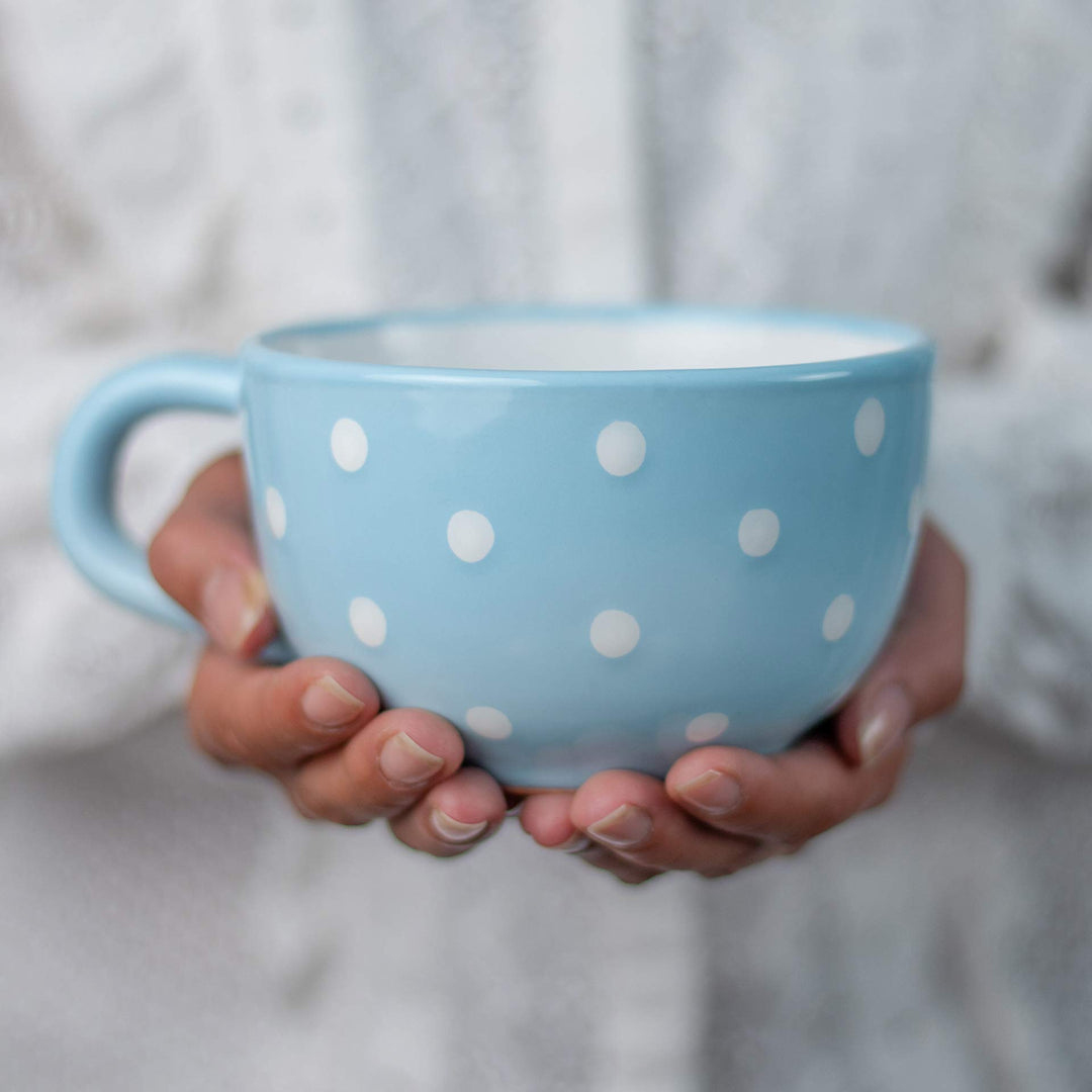 City to Cottage® - Keramik XXL Tasse 500 ml | Kaffeebecher | Hellblau und Weiss | Polka Dots | Handg