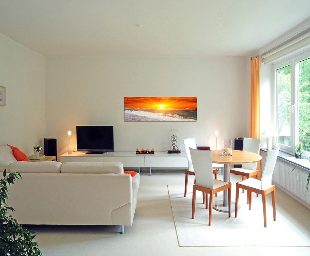 Paul Sinus Art Panoramabild auf Leinwand und Keilrahmen 150x50cm Strand Meer Abendsonne Dämmerung