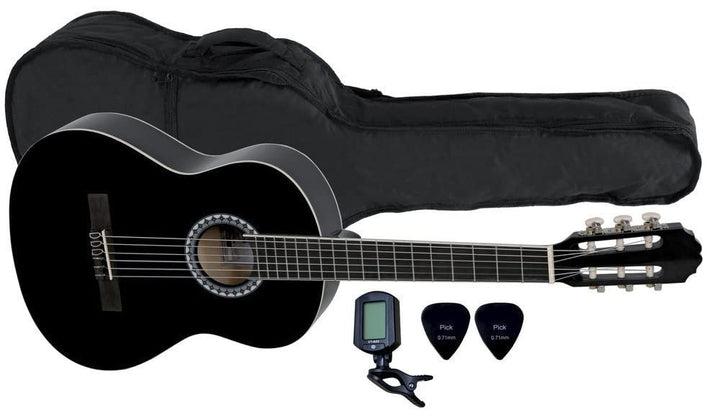 GEWApure Konzertgitarre BASIC SET 4/4 schwarz, mit Tasche, ClipTuner und 2 Plektren 4/4 Set schwarz,