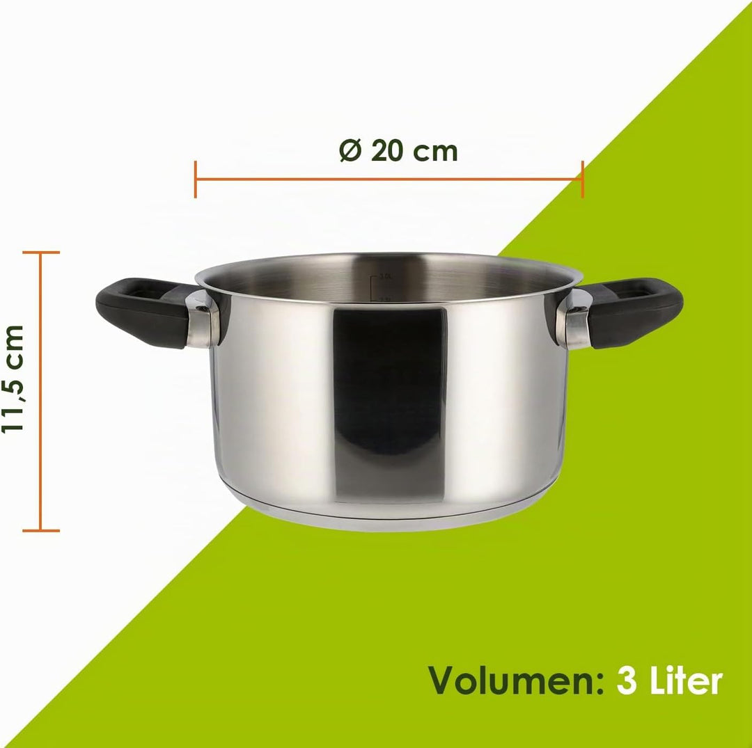 Level One Topf Kochtopf Fleischtopf 20 cm Induktion, Edelstahl unbeschichtet inkl. Glasdeckel | 11,5
