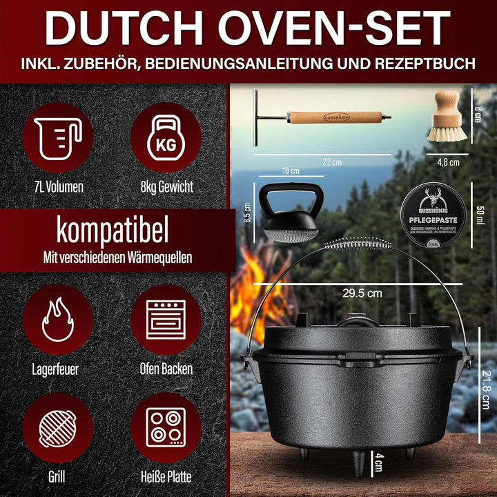 GUSSKÖNIG Dutch Oven Set–Eingebrannter Dutch Oven 7L [3-6 Person]-Feuertopf Gusseisen mit Füsse–Schm
