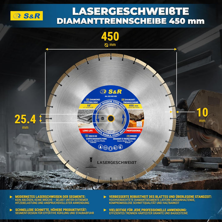 S&amp;R Diamanttrennscheibe 450 x 25,4 mm, Industrie-Qualität, Trennscheibe doppelte Standzeit in Naturs