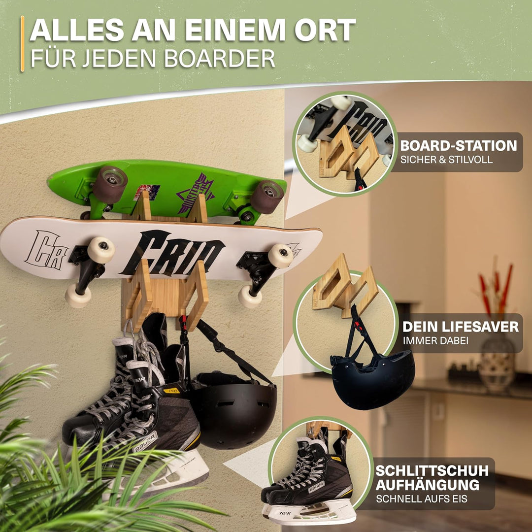 CRID Doppel Skateboard Wandhalterung aus Bambus - Universal Halterung für Skateboard, Longboard, Sno