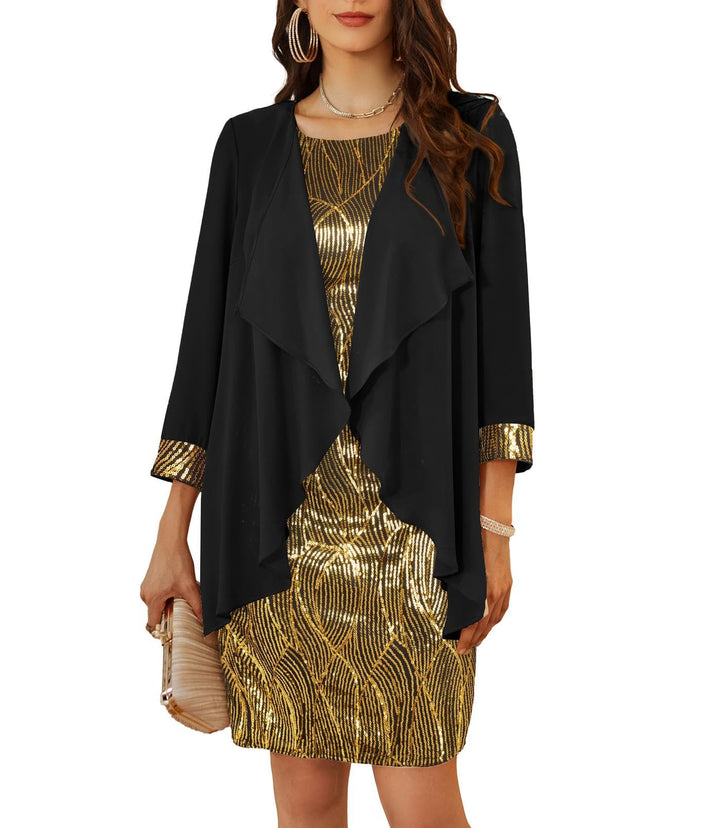 GRACE KARIN Damen Ärmelloses Rundhals Pailletten Cami Kleid Elegant Zweiteiler Tüll Cardigan Abendkl