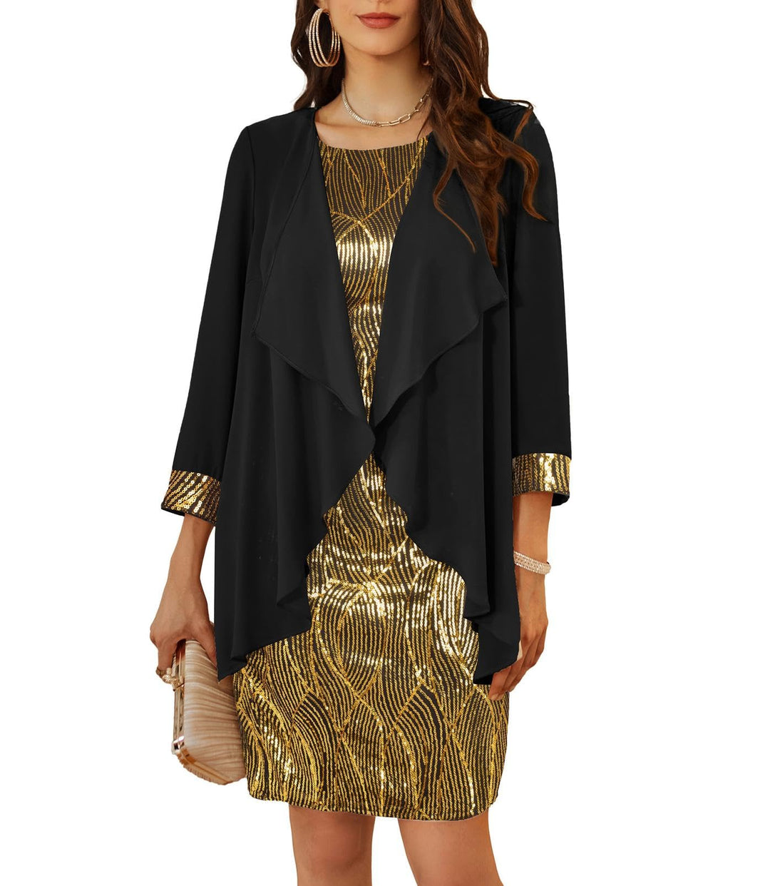 GRACE KARIN Damen Ärmelloses Rundhals Pailletten Cami Kleid Elegant Zweiteiler Tüll Cardigan Abendkl