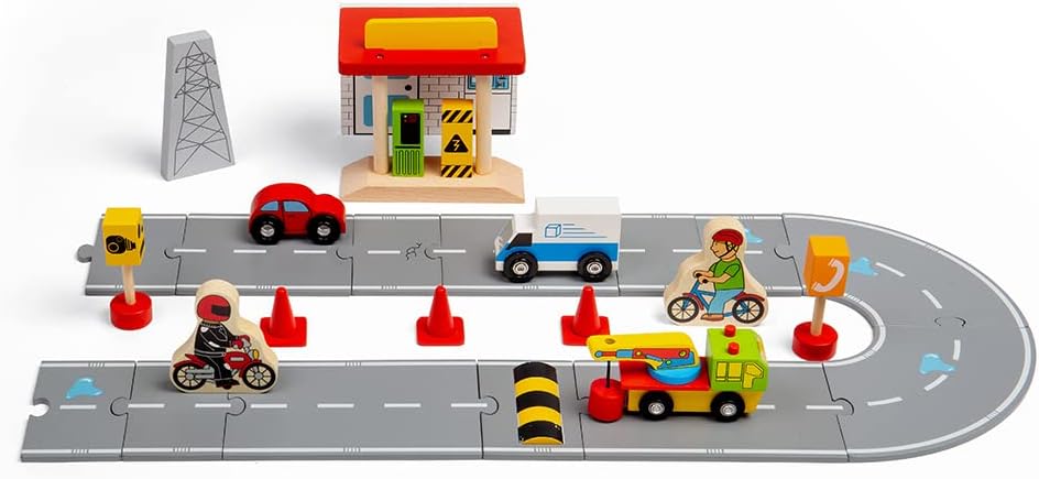 Bigjigs Rail Roadway Car Accessory Pack - 25 Piece Wooden Car Track Accessories with Vehicles, Road