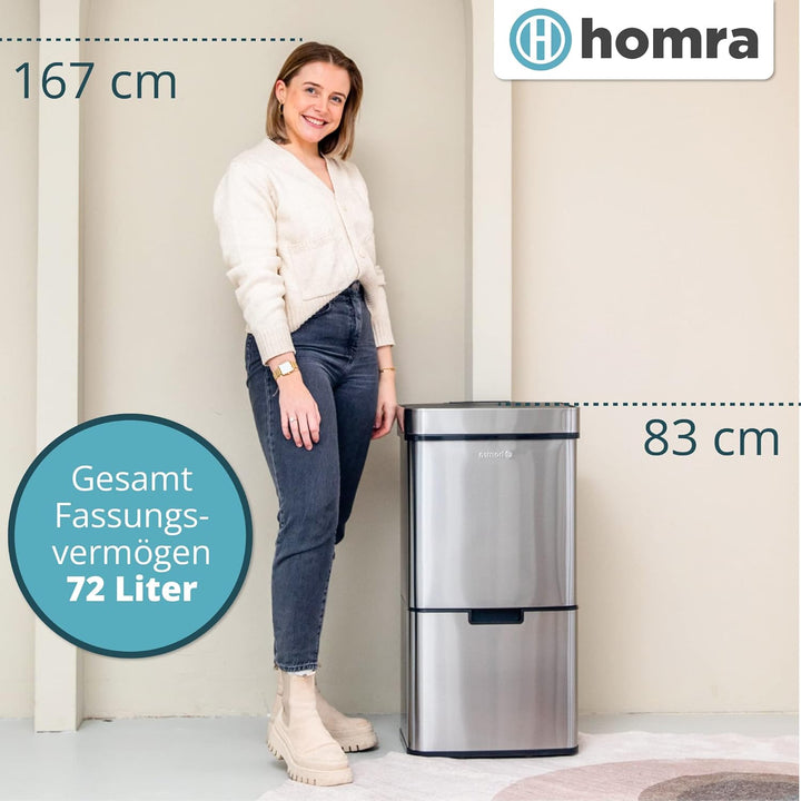 Homra® Nexo Mülleimer mit Sensor Edelstahl - Automatischer Mülleimer Sensor mit 3+1 Fächern - Mülltr