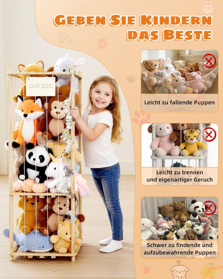 JINDUN Kuscheltier Aufbewahrung Aus Holz, 135cm Höhe Aufbewahrung Kuscheltiere, mit Stofftier Aufbew