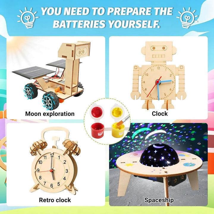 4Stk STEM Experimente für Kinder ab 8-14 Jahre, Elektronik Baukasten & Experimentierkasten, Holz DIY