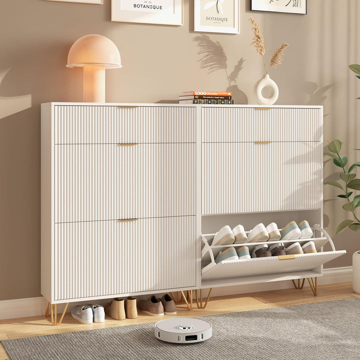 2er Set Schuhschrank mit 2 Klappen und 1 Türen, Weiss Schuhregal Schuhkipper Schmal, Anti-Kipp-Vorri