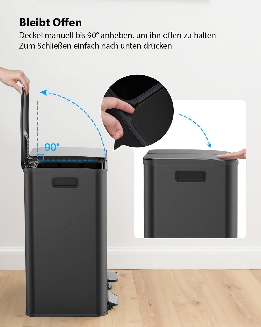 lovewind Mülleimer, 2 x 40L Mülleimer Küche, Doppeleimer für Recycling und Abfall, Schwarz, Mülleime