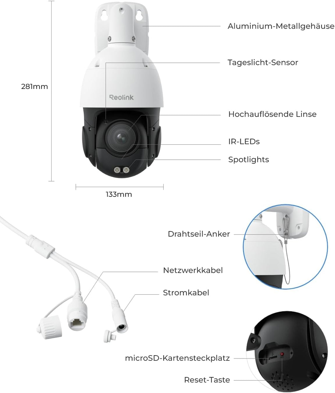 Reolink Smart 4K/8MP UHD PTZ Dome Überwachungskamera Aussen mit revolutionären 16X optischem 3D-Zoom