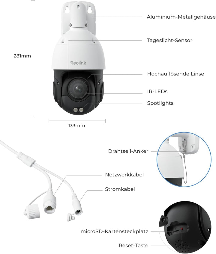 Reolink Smart 4K/8MP UHD PTZ Dome Überwachungskamera Aussen mit revolutionären 16X optischem 3D-Zoom