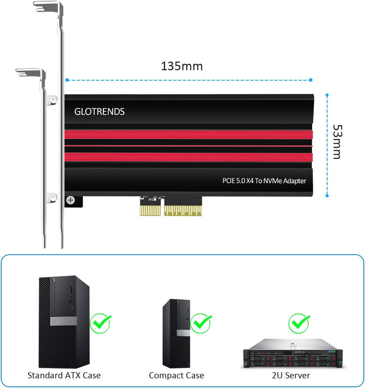 GLOTRENDS PA19 M.2 NVMe auf PCIe 5.0 X4 Adapter für M.2 NVMe SSD, grosse Aluminium-Kühlkörperabdecku