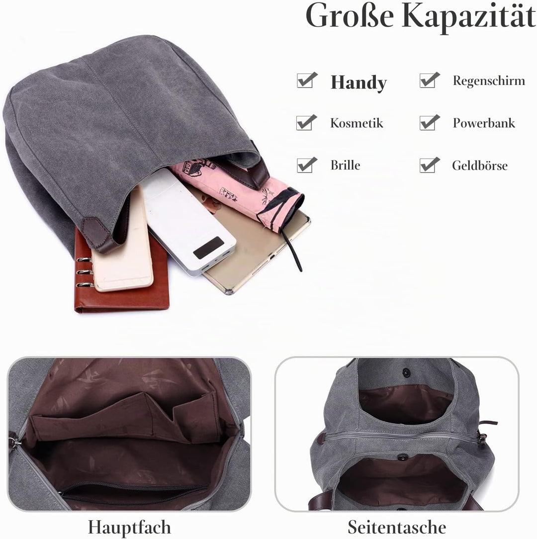 PORRASSO Damen Handtasche Canvas Hobo Schultertasche Mädchen Tote Bag Shopper Henkeltasche für Schul