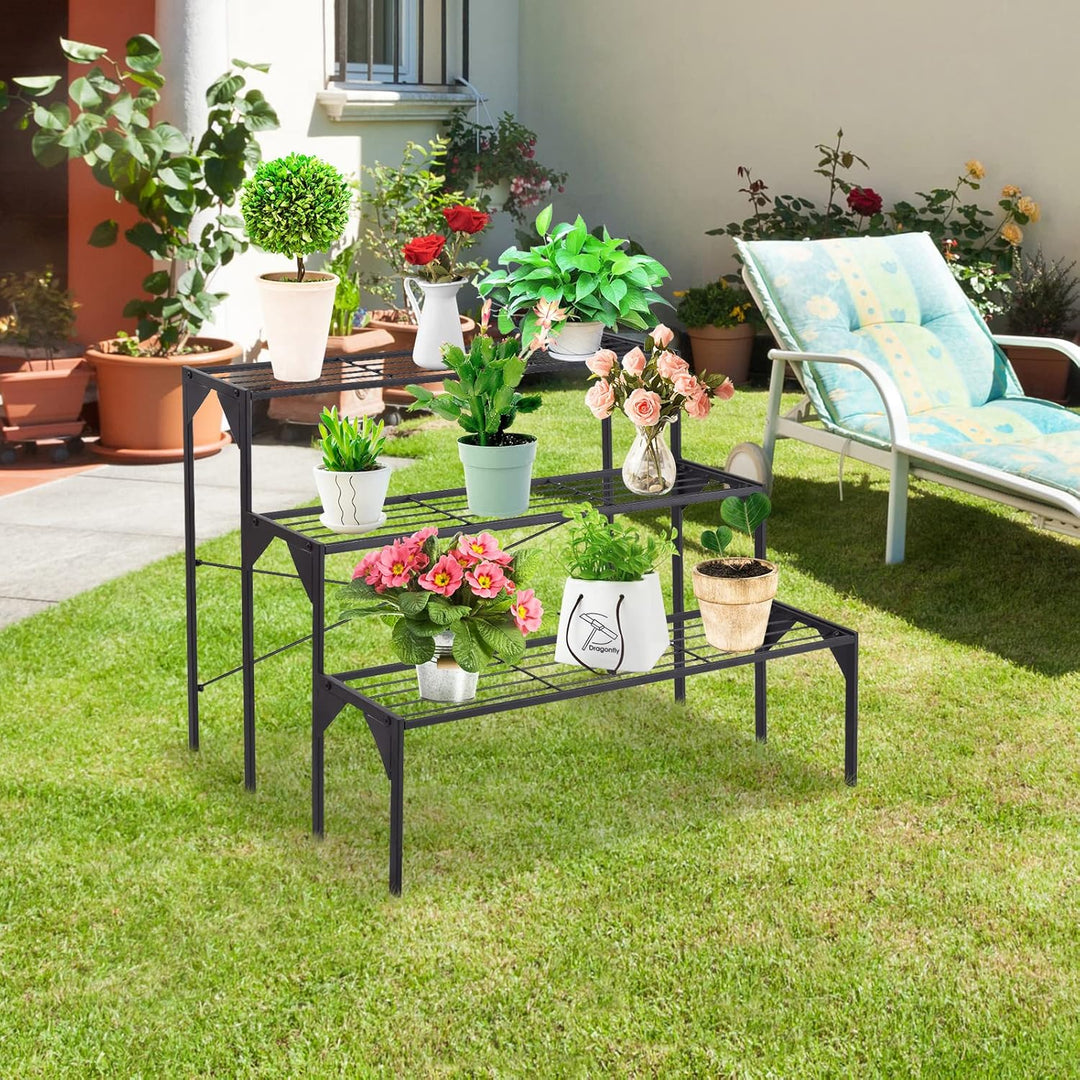 GOPLUS 3 Ebenen Metall Pflanzenständer, Blumentreppe Outdoor, Blumenregal Pflanzentreppe für Garten