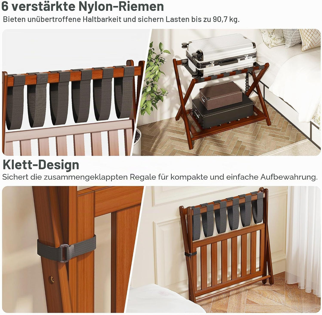 2er Set Bambus Gepäckablage für Gästezimmer, 26,77" Klappbarer Kofferständer mit Ablagefach, Verstär