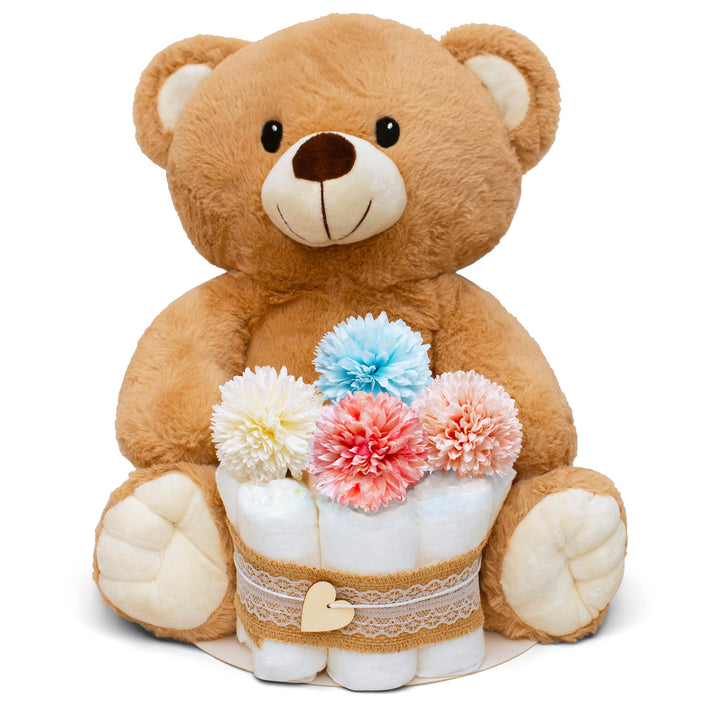 MilaBoo® Kleine Vintage Windeltorte Neutral mit grossem Teddybär I Liebevolles Geschenk zur Geburt I