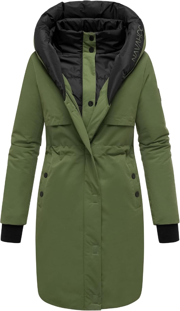 Navahoo Damen Mantel Lange warme Winter Steppjacke mit Kapuze und magnetischen Elementen Snowelf XS-