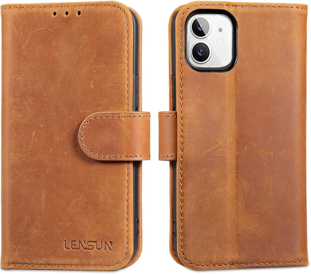 LENSUN Echtleder Hülle für iPhone 12 Mini, Handyhülle [Echtes Leder][Magnetverschluss][RFID Schutz]