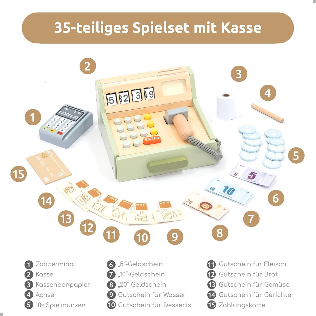 UMU® Kinder Kasse aus Holz - inkl. Zubehör (Scanner, Zahlungsterminal, Spielgeld usw.), Kaufläden &amp;