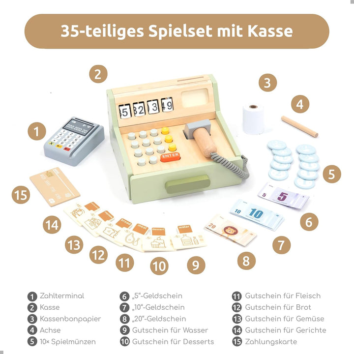UMU® Kinder Kasse aus Holz - inkl. Zubehör (Scanner, Zahlungsterminal, Spielgeld usw.), Kaufläden &amp;